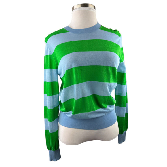 Diane Von Furstenberg Blue & Green Striped Top LS Mesh Sheer Stretch Medium - Picture 4 of 13